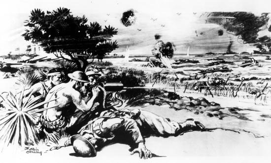 Marines on Wake Island fire a .30-caliber Browning machine gun on 23 December 1941—the final day of fighting—in this illustration by artist Albin Henning.